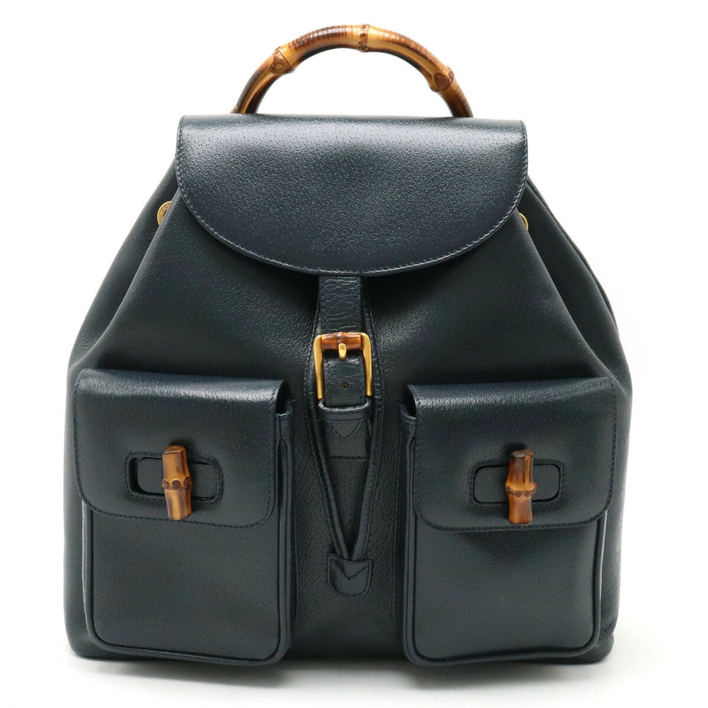 Gucci Bamboo Backpack Rucksack Daybag Leather Navy Blue